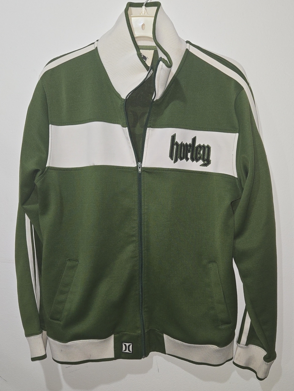 Hurley Olive Green and White Track Bomber Jacket